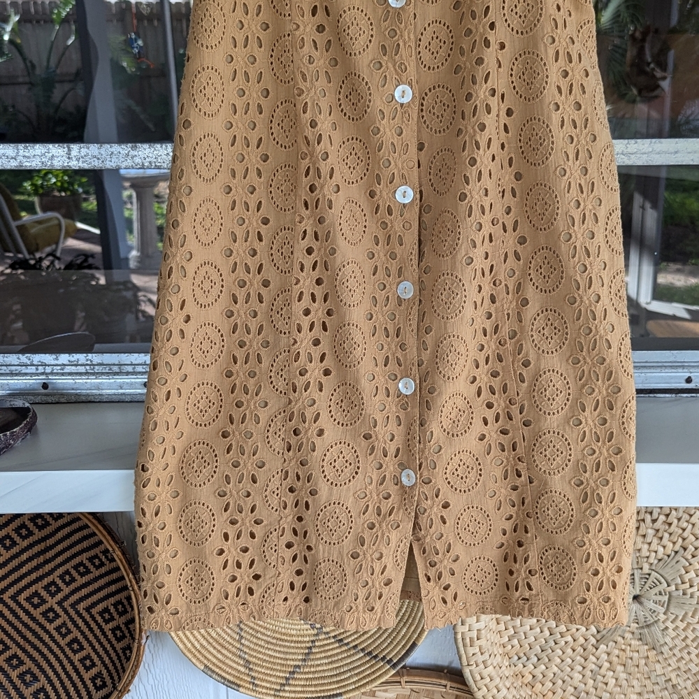 Puff-Sleeve Eyelet Midi Dress in Camel - Picture 9 of 13